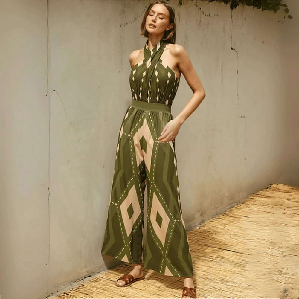 Women Fashion Sexy Geometric Printed Halter-Neck Backless One-Piece Swimsuit Pants Two-Piece Set