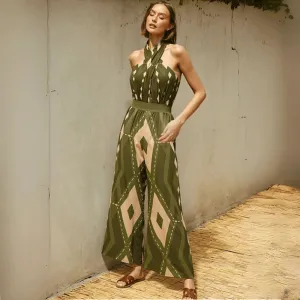 Women Fashion Sexy Geometric Printed Halter-Neck Backless One-Piece Swimsuit Pants Two-Piece Set