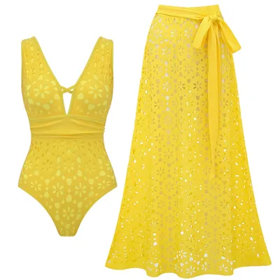 Women Fashion Sexy Solid Color Hollow-Out One-Piece Swimsuit Maxi Skirt Two-Piece Set