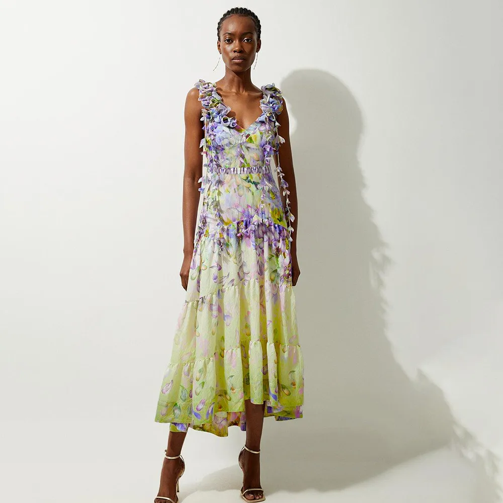 Women Fashion Sexy Elegant Printed Flower Decoration One-Piece Swimsuit Maxi Skirt Two-Piece Set