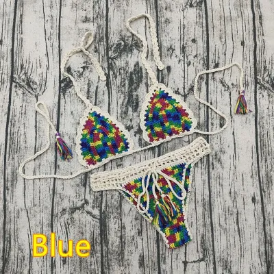 Women Fashion Sexy Color Block Crochet Halter-Neck Bikini Swimsuit
