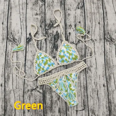 Women Fashion Sexy Color Block Crochet Halter-Neck Bikini Swimsuit