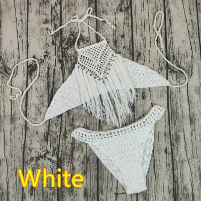 Women Fashion Sexysolid Color Crochet Tassel Halter-Neck Lace-Up Bikini Swimsuit