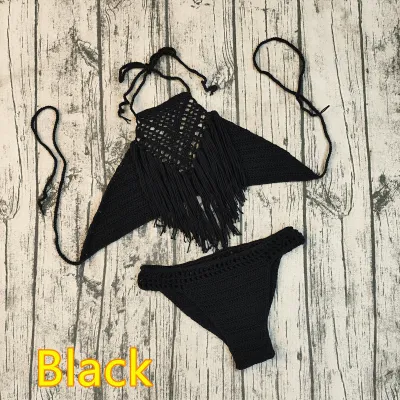 Women Fashion Sexysolid Color Crochet Tassel Halter-Neck Lace-Up Bikini Swimsuit
