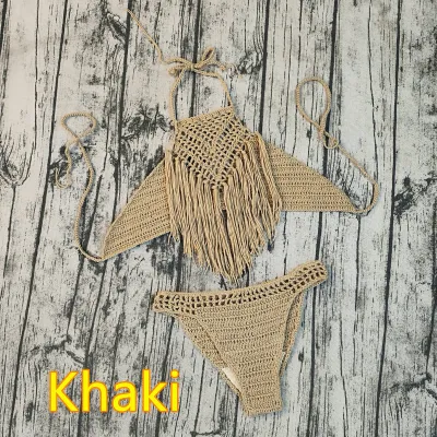Women Fashion Sexysolid Color Crochet Tassel Halter-Neck Lace-Up Bikini Swimsuit