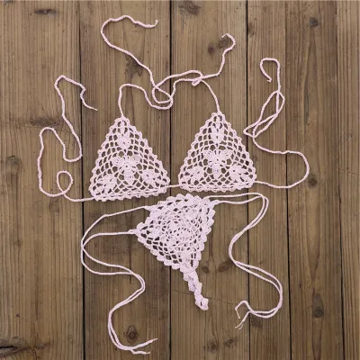Vacation Women Fashion Sexy Solid Color Crochet Halter-Neck Crochet Lace-Up Bikini Swimsuit
