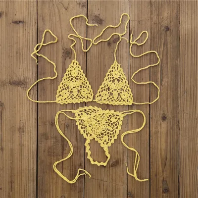 Vacation Women Fashion Sexy Solid Color Crochet Halter-Neck Crochet Lace-Up Bikini Swimsuit