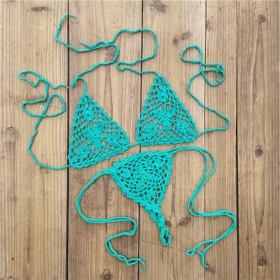 Vacation Women Fashion Sexy Solid Color Crochet Halter-Neck Crochet Lace-Up Bikini Swimsuit