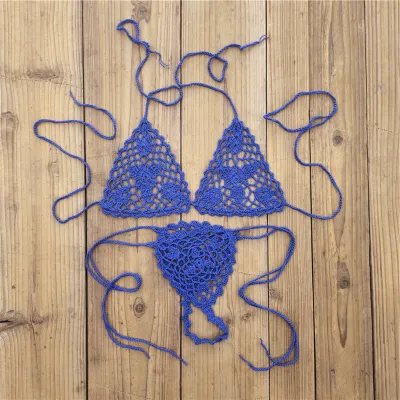 Vacation Women Fashion Sexy Solid Color Crochet Halter-Neck Crochet Lace-Up Bikini Swimsuit