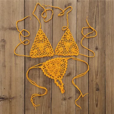 Vacation Women Fashion Sexy Solid Color Crochet Halter-Neck Crochet Lace-Up Bikini Swimsuit