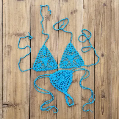 Vacation Women Fashion Sexy Solid Color Crochet Halter-Neck Crochet Lace-Up Bikini Swimsuit