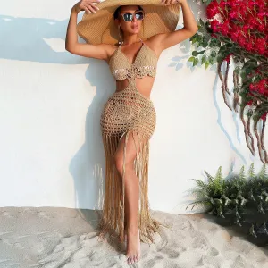 Women Fashion Sexysolid Color Crochet Hollow Lace-Up Tassel Beach Swimsuit Cover-Ups