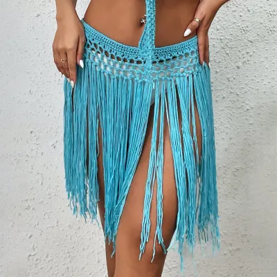 Women Fashion Sexy Boho Solid Color Crochet Hollow Long Tassel Swimsuit Cover-Ups