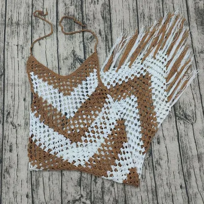 Women Fashion Sexy Color Block Crochet Beach Halter-Neck One-Piece Swimsuit
