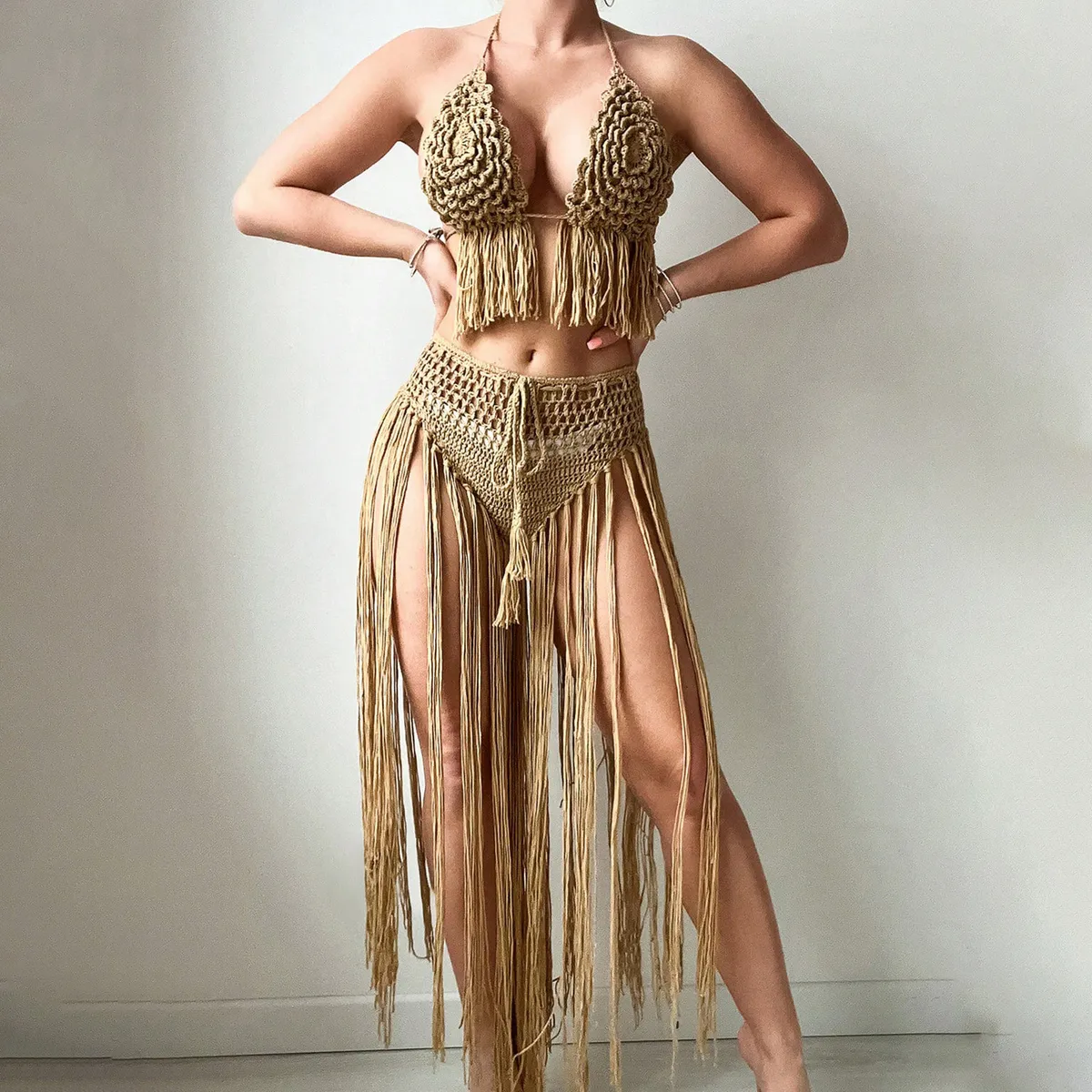 Women Fashion Sexy Solid Color Crochet Floral Woven Tassel Beach Swimsuit Set