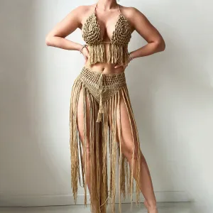 Women Fashion Sexy Solid Color Crochet Floral Woven Tassel Beach Swimsuit Set