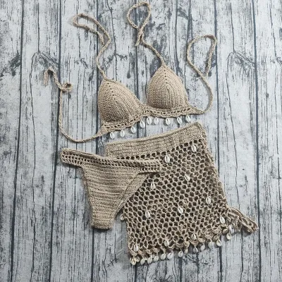 Women Fashion Sexy Solid Color Crochet Shell Decoration Halter-Neck Bikini Swimsuit Set