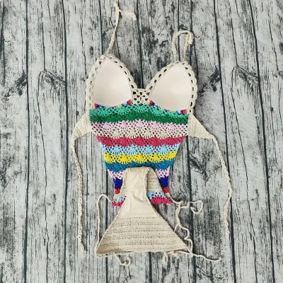 Women Fashion Sexy Color Block Crochet Halter-Neck Lace-Up One-Piece Swimsuit