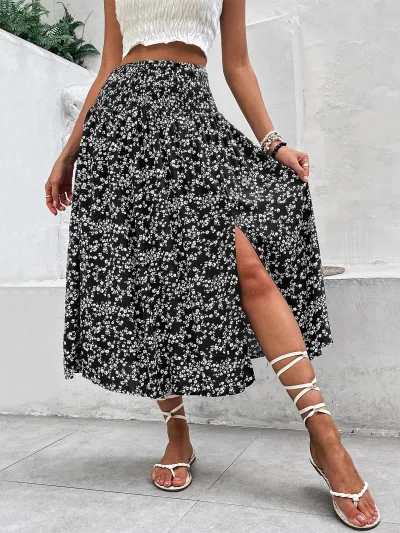 Women Fashion Casual Vacation Flower Printed Split Skirt