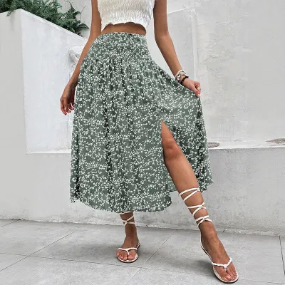 Women Fashion Casual Vacation Flower Printed Split Skirt