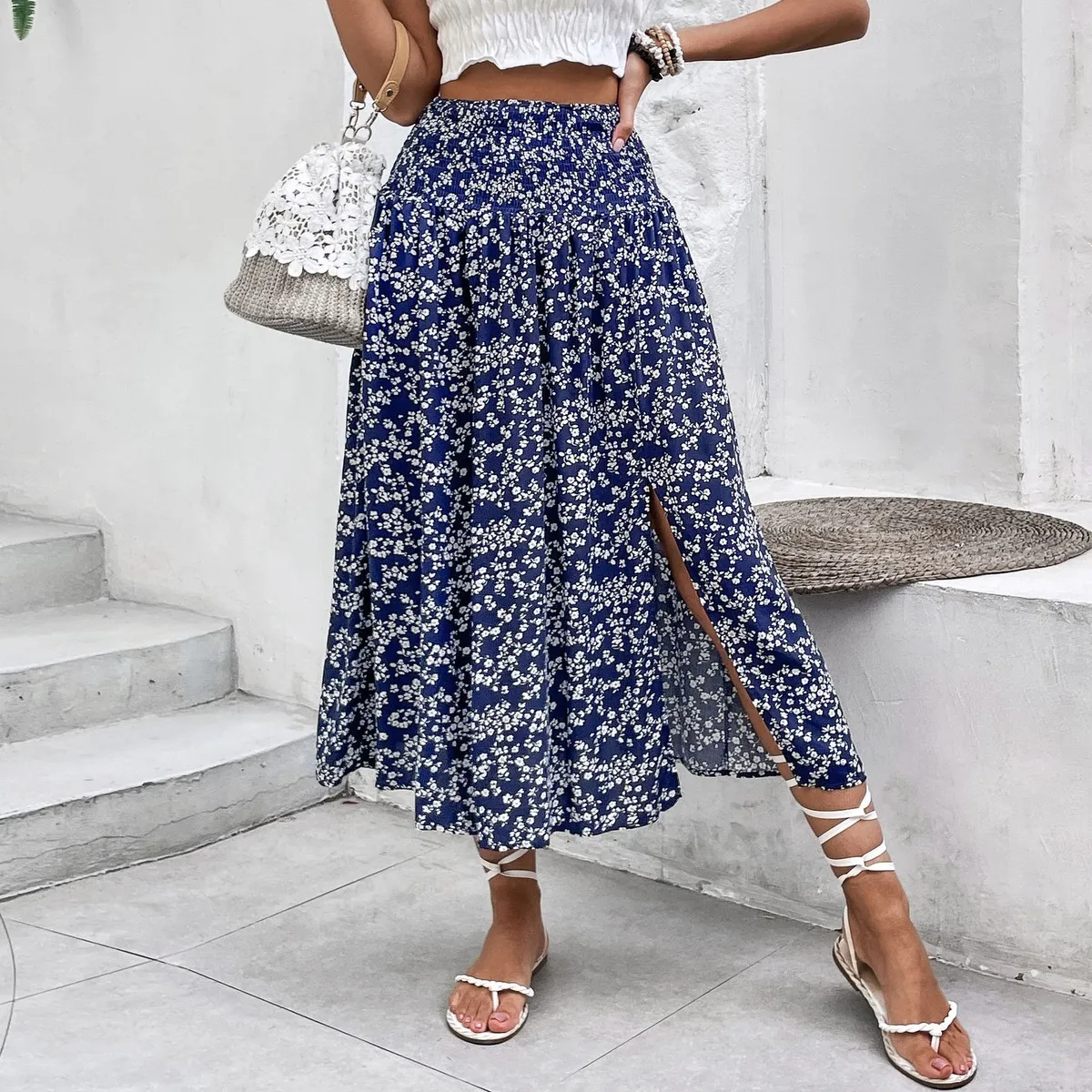 Women Fashion Casual Vacation Flower Printed Split Skirt