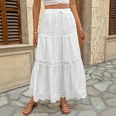 Women Fashion Casual Vacation Solid Color Lace Maxi Skirt
