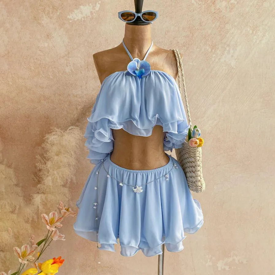 Women Fashion Sexy Vacation Solid Color Floral Trimmed Halter-Neck Backless Crop Top Stacked Mini Skirt Two-Piece Set