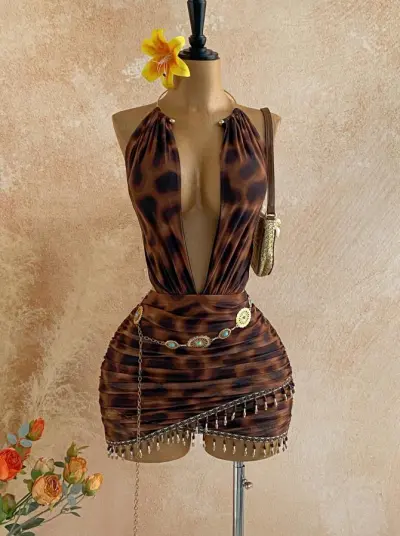 Women Fashion Sexy Vacation Printed Mesh Deep V-Neck Halter-Neck Backless Beaded Mini Dress