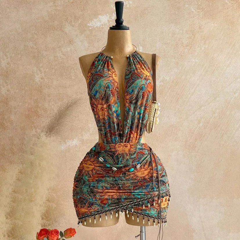 Women Fashion Sexy Vacation Printed Mesh Deep V-Neck Halter-Neck Backless Beaded Mini Dress