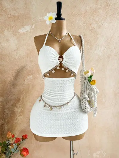 Women Fashion Sexy Vacation Solid Color Starfish Metallic Halter-Neck Lace-Up Backless Dress
