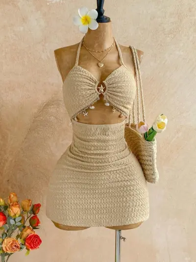 Women Fashion Sexy Vacation Solid Color Starfish Metallic Halter-Neck Lace-Up Backless Dress