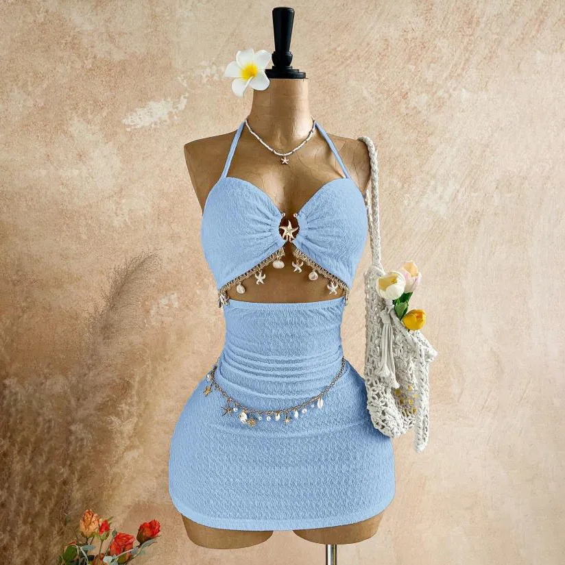 Women Fashion Sexy Vacation Solid Color Starfish Metallic Halter-Neck Lace-Up Backless Dress