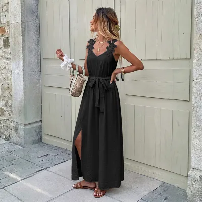 Women Fashion Vacation Flower Shoulder Strap Lace-Up Waist Split Dress