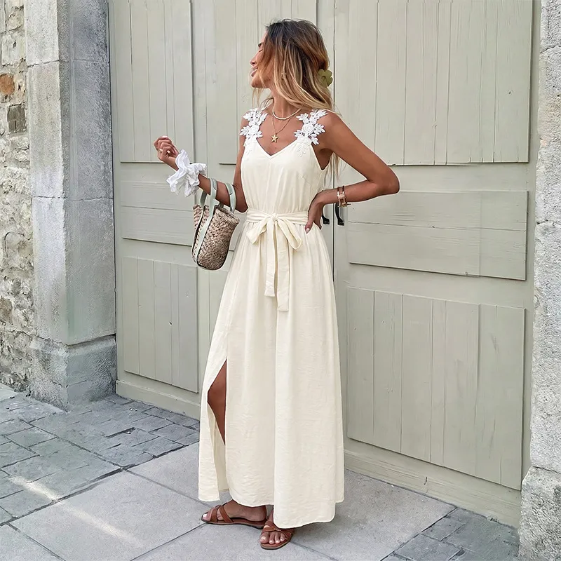 Women Fashion Vacation Flower Shoulder Strap Lace-Up Waist Split Dress