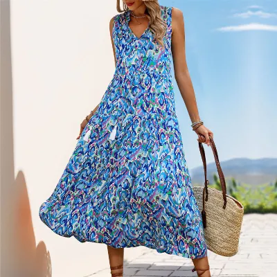 Women Fashion Casual Vcation Boho Printed Sleeveless Loose Dress