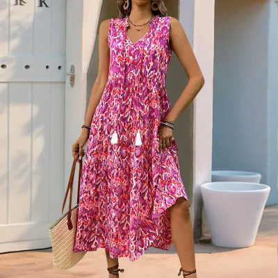 Women Fashion Casual Vcation Boho Printed Sleeveless Loose Dress