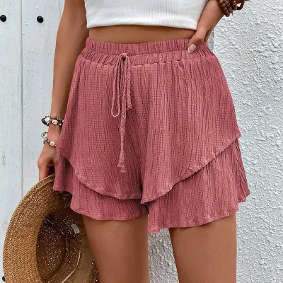 Women Fashion Casual Summer Vacation Solid Color Ruffled Lace-Up Shorts