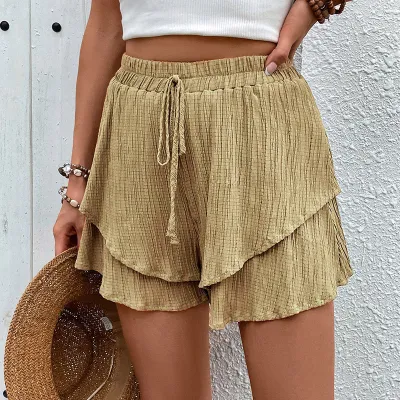 Women Fashion Casual Summer Vacation Solid Color Ruffled Lace-Up Shorts