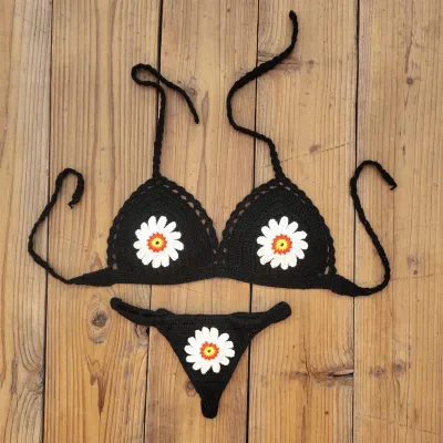 Women Fashion Sexysolid Color Flower Crochet Halter-Neck Lace-Up Bikini Swimsuit
