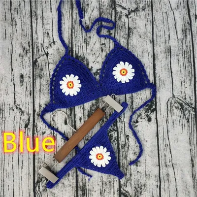 Women Fashion Sexysolid Color Flower Crochet Halter-Neck Lace-Up Bikini Swimsuit