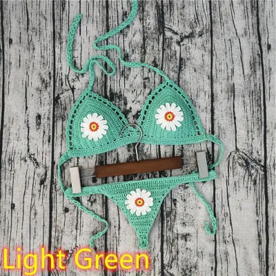 Women Fashion Sexysolid Color Flower Crochet Halter-Neck Lace-Up Bikini Swimsuit