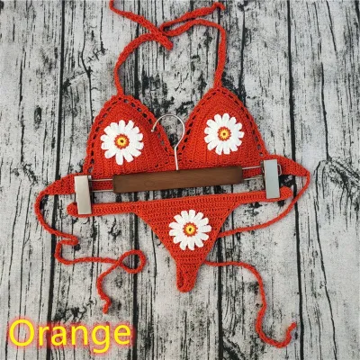 Women Fashion Sexysolid Color Flower Crochet Halter-Neck Lace-Up Bikini Swimsuit