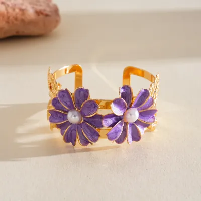 Women Fashion Metallic Oil-Dropping Pearl Floral Double-Layer Bracelet