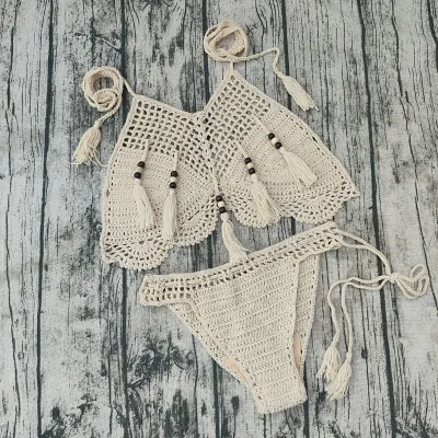 Women Fashion Sexy Solid Color Crochet Halter-Neck Lace-Up Bikini Swimsuit
