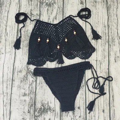 Women Fashion Sexy Solid Color Crochet Halter-Neck Lace-Up Bikini Swimsuit