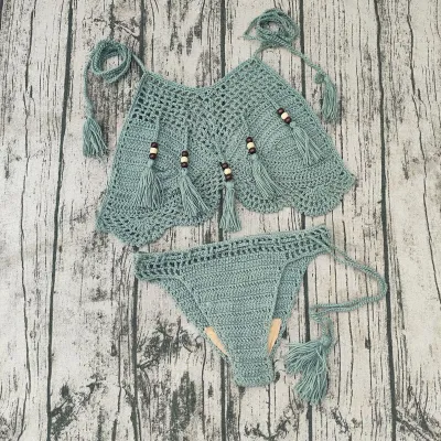 Women Fashion Sexy Solid Color Crochet Halter-Neck Lace-Up Bikini Swimsuit