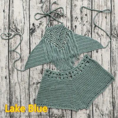 Women Fashion Sexy Solid Color Crochet Halter-Neck Tassel Bikini Swimsuit