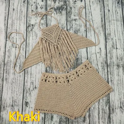 Women Fashion Sexy Solid Color Crochet Halter-Neck Tassel Bikini Swimsuit