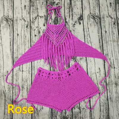 Women Fashion Sexy Solid Color Crochet Halter-Neck Tassel Bikini Swimsuit