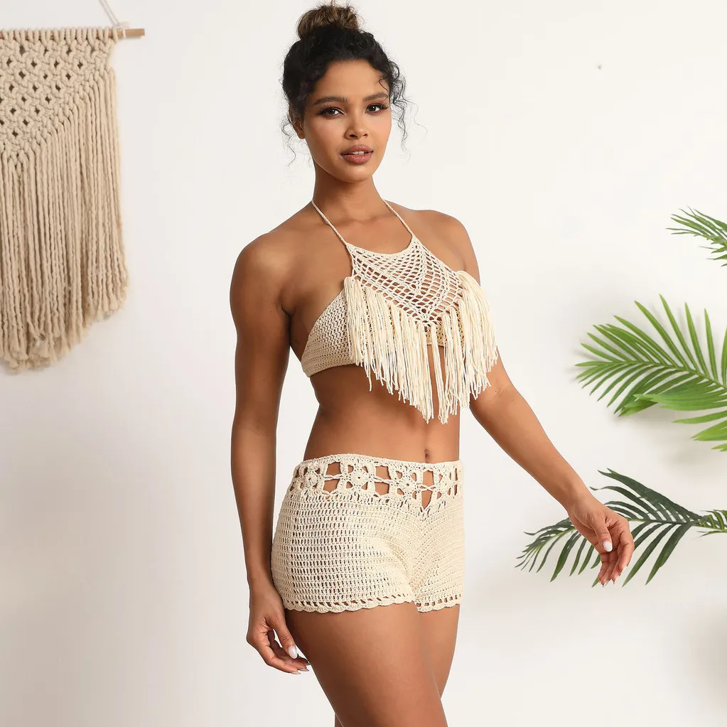 Women Fashion Sexy Solid Color Crochet Halter-Neck Tassel Bikini Swimsuit